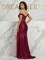 Burgundy Off-Shoulder Lace Corset Prom Dress With Sheer Bodice