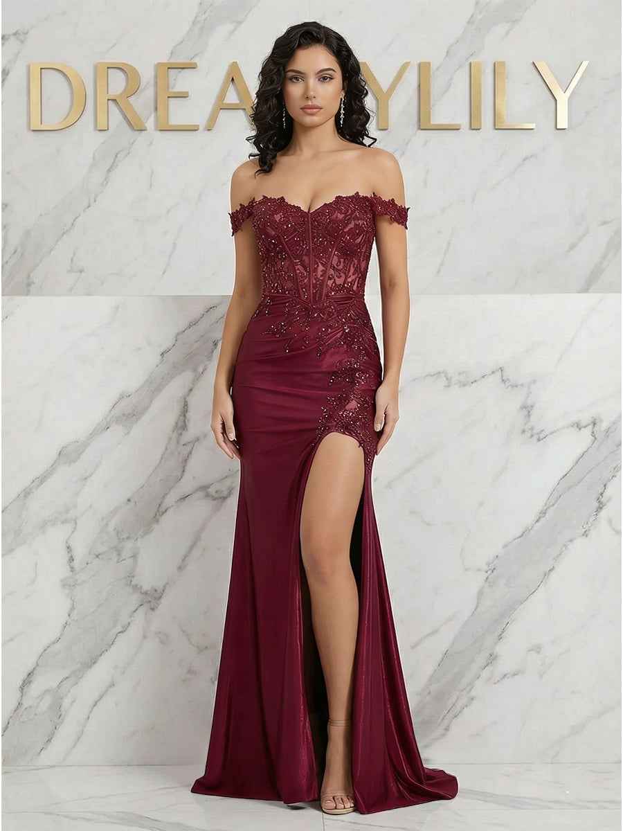 Burgundy Off-Shoulder Lace Corset Prom Dress With Sheer Bodice