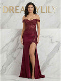 Burgundy Off-Shoulder Lace Corset Prom Dress With Sheer Bodice