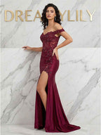 Burgundy Off-Shoulder Lace Corset Prom Dress With Sheer Bodice