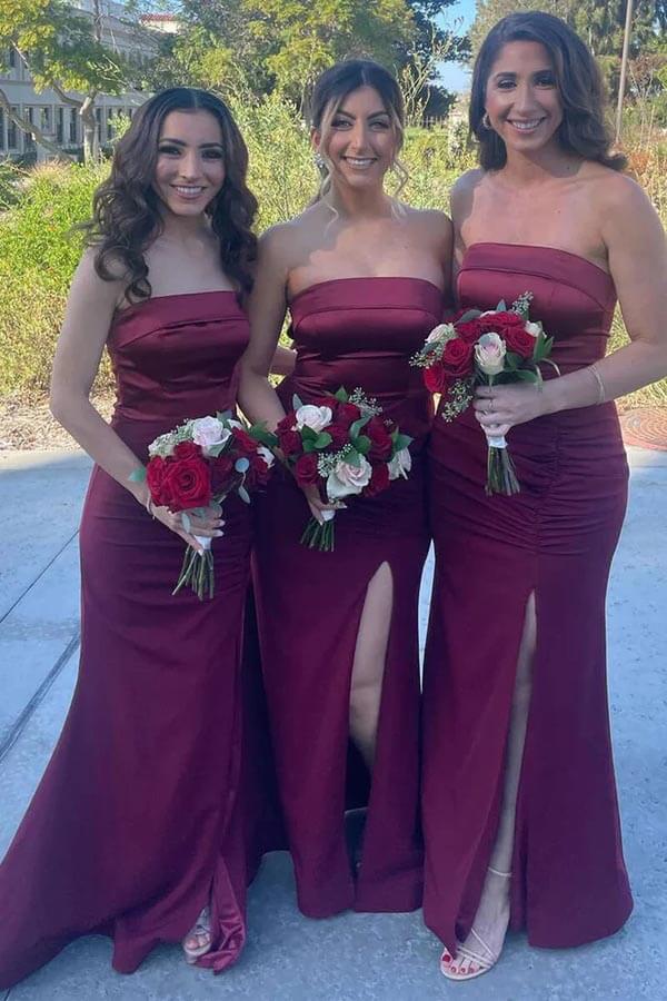 Burgundy Satin Mermaid Strapless Long Bridesmaid Dresses With Slit