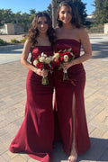 Burgundy Satin Mermaid Strapless Long Bridesmaid Dresses With Slit