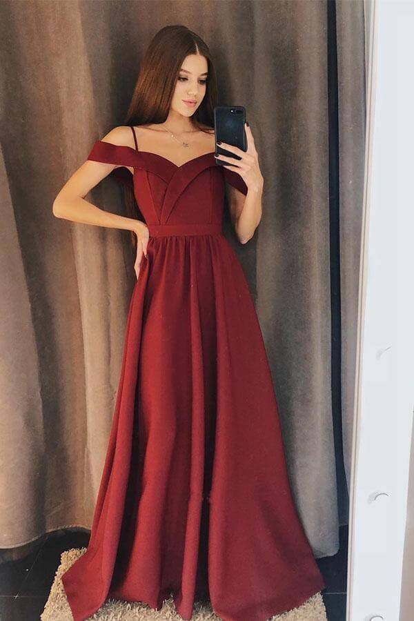 Burgundy Satin Off Shoulder Prom Dresses, Long Bridesmaid Dresses