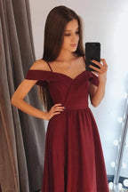 Burgundy Satin Off Shoulder Prom Dresses, Long Bridesmaid Dresses