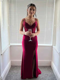 Burgundy Spaghetti Strap Floral Lace Bodice Prom Dress With Slit