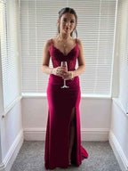 Burgundy Spaghetti Strap Floral Lace Bodice Prom Dress With Slit