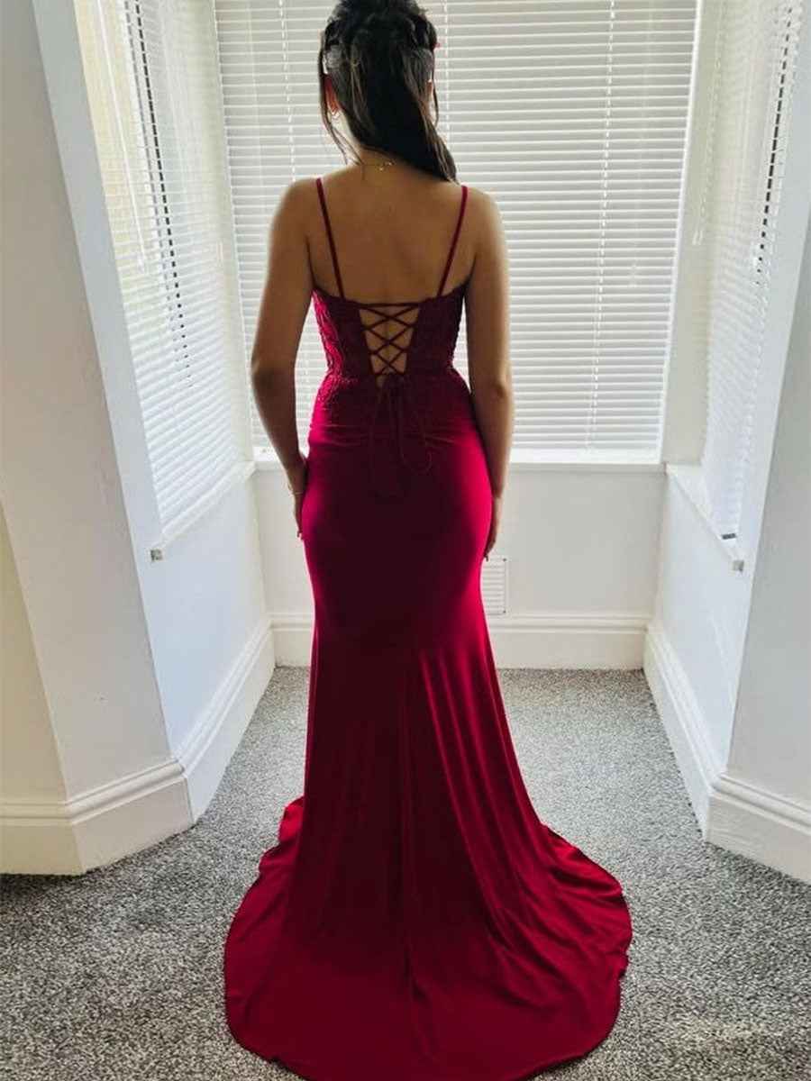 Burgundy Spaghetti Strap Floral Lace Bodice Prom Dress With Slit