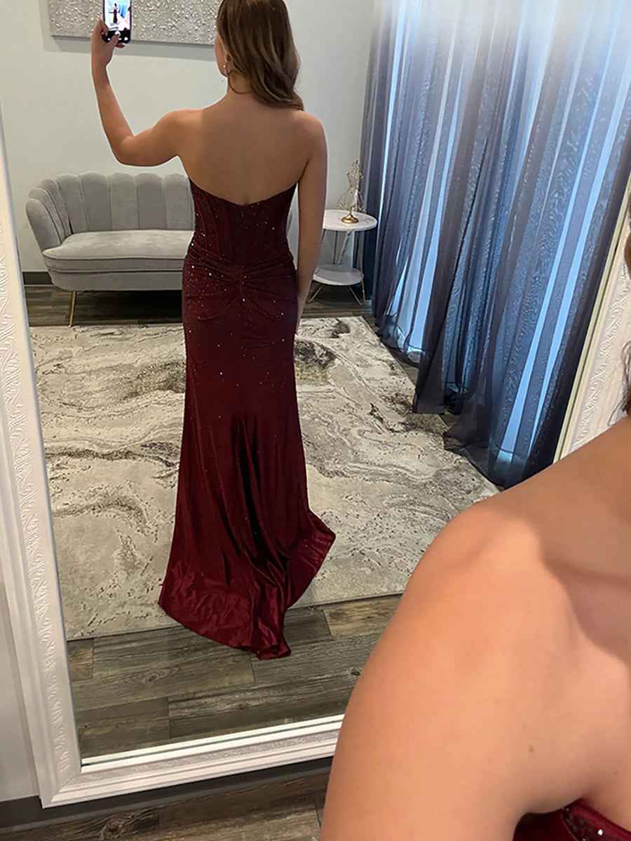Burgundy Sparkly Cowl Neck Corset Prom Dress With Slit