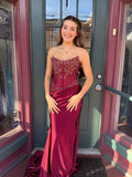 Burgundy Strapless Beaded Satin Corset Prom Dress