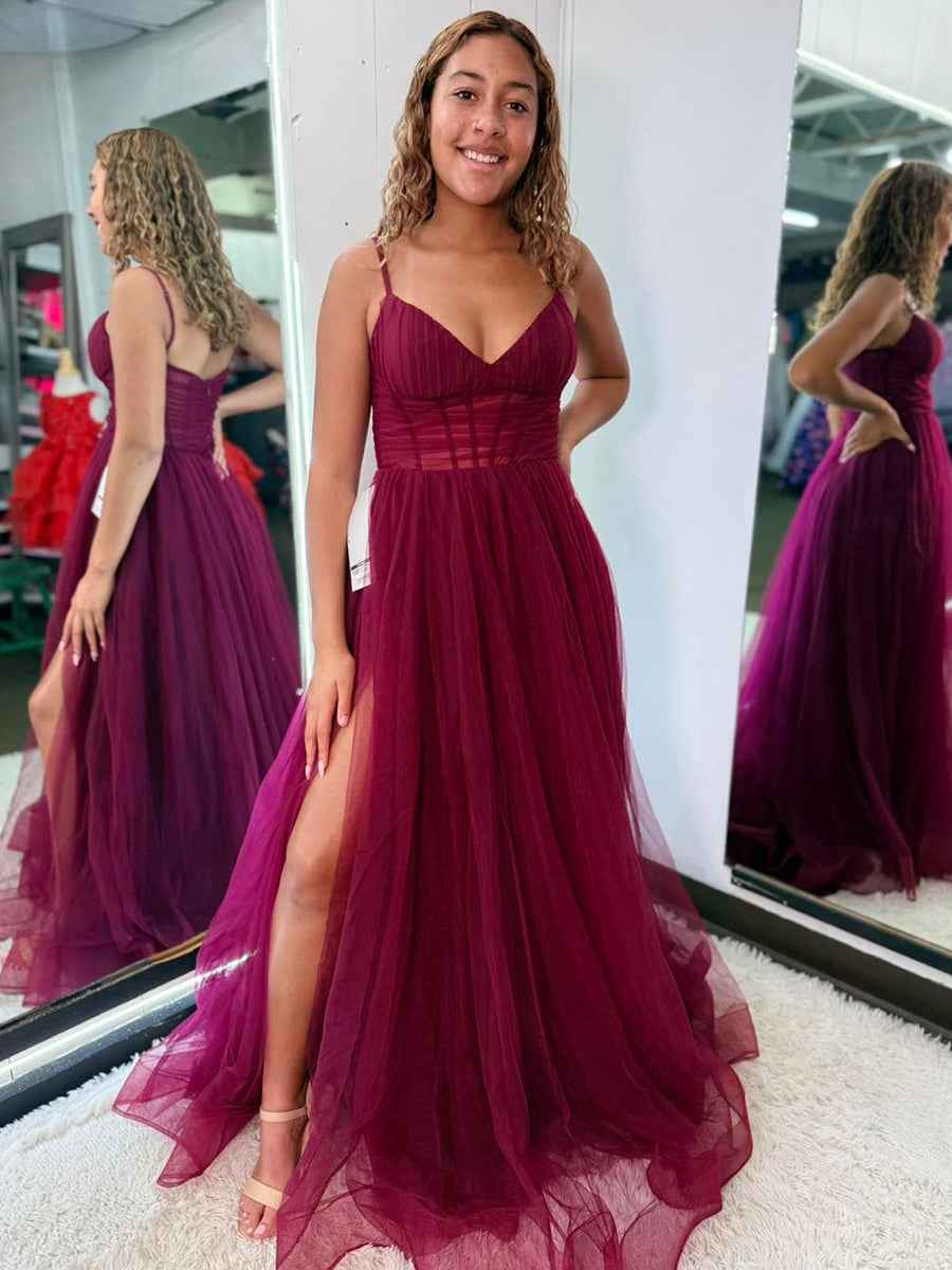 Burgundy Tulle Corset Prom Dress With High Slit A Line Gown