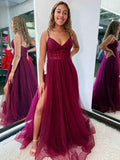 Burgundy Tulle Corset Prom Dress With High Slit A Line Gown