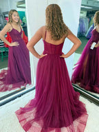Burgundy Tulle Corset Prom Dress With High Slit A Line Gown