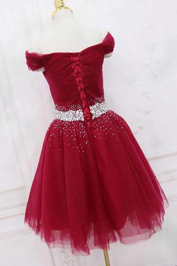 Burgunderrotes schulterfreies Tüll-Heimkehrkleid, kurzes Partykleid