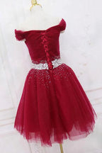 Burgunderrotes schulterfreies Tüll-Heimkehrkleid, kurzes Partykleid