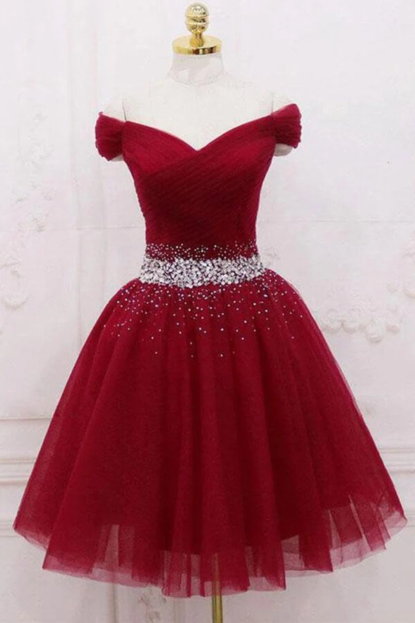 Burgunderrotes schulterfreies Tüll-Heimkehrkleid, kurzes Partykleid