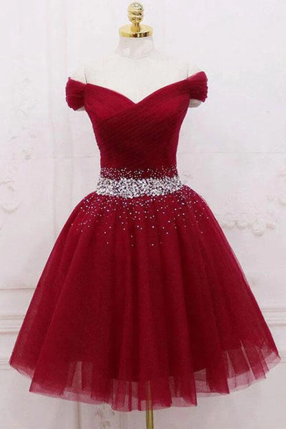 Burgundy Tulle Off-the-Shoulder Homecoming Dresses, Short Party Dress