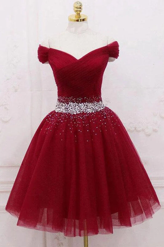 Burgundy Tulle Off-the-Shoulder Homecoming Dresses, Short Party Dress
