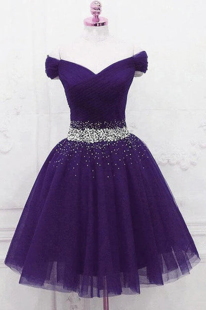 Burgundy Tulle Off-the-Shoulder Homecoming Dresses, Short Party Dress