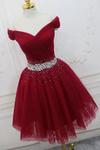 Burgunderrotes schulterfreies Tüll-Heimkehrkleid, kurzes Partykleid