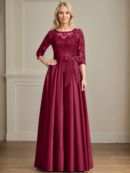 A-Linie, U-Ausschnitt, Illusion, bodenlanges Satin-Spitzenkleid für die Brautmutter mit Paillettenschleife 