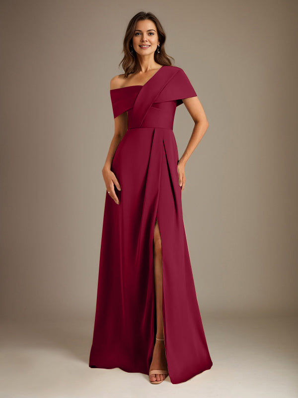 Robe de mère de la mariée en satin, longueur au sol, encolure asymétrique en ligne A avec plis