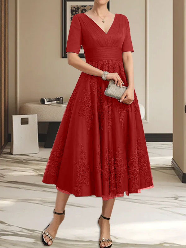 A-Linie V-Ausschnitt Wadenlanges Tüll-Spitzenkleid für die Brautmutter mit Plissee