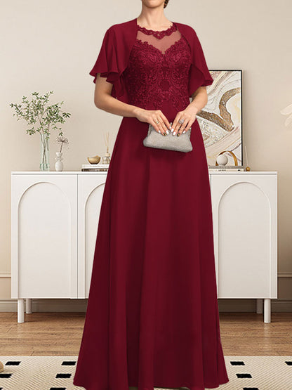 A-Linie, U-Ausschnitt, Illusion, bodenlanges Spitzen-Chiffon-Kleid für die Brautmutter mit Pailletten