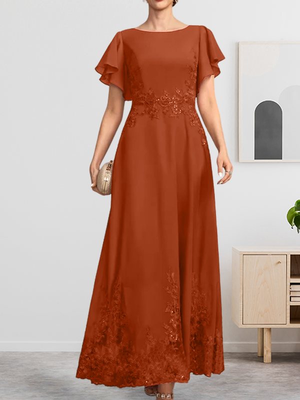 Robe de mère de la mariée en mousseline de soie à dentelle, longueur cheville, en forme trapèze avec décolleté arrondi et paillettes