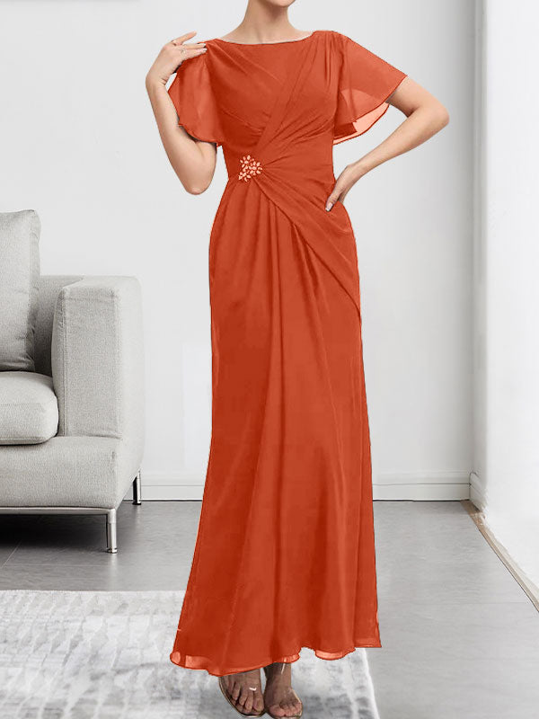 Robe de mère de la mariée en mousseline, longueur cheville, en ligne A, encolure dégagée, ornée de perles et plissée