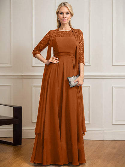 A-Linie U-Ausschnitt Illusion Bodenlang Spitze Chiffon Mutter der Braut Kleid Mit Plissee 