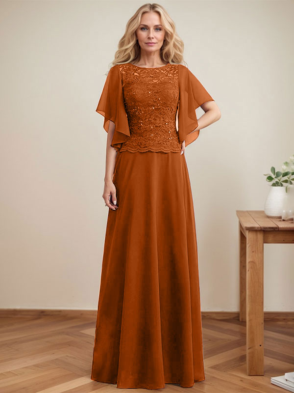 A-Linie, U-Ausschnitt, Illusion, bodenlanges Spitzen-Chiffon-Kleid für die Brautmutter mit Pailletten 