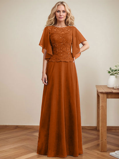 A-Linie, U-Ausschnitt, Illusion, bodenlanges Spitzen-Chiffon-Kleid für die Brautmutter mit Pailletten 