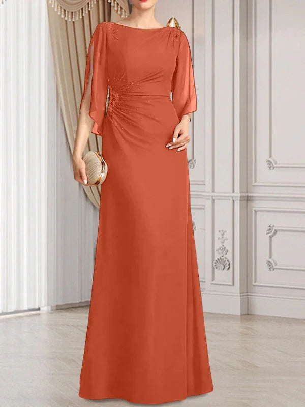 Vestido de madrina de novia de gasa largo hasta el suelo con corte columna y fajín plisado con cuentas