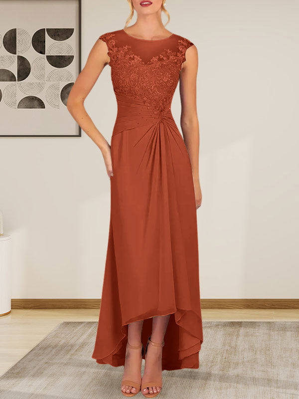 Champagne A-Line Scoop Lace Chiffon Dress