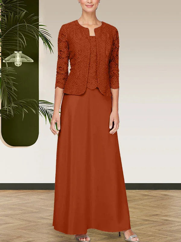 فستان مع جاكيت تنورة من الدانتيل اللامع والساتان مع جاكيت مفتوح