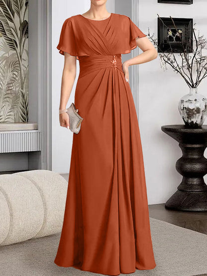 A-Linie, U-Ausschnitt, bodenlanges Chiffon-Kleid für die Brautmutter mit plissierter Perlenstickerei