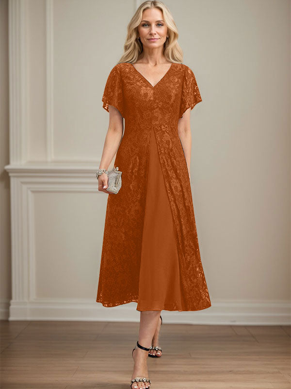 A-Linie V-Ausschnitt Wadenlanges Chiffon-Kleid für die Brautmutter 