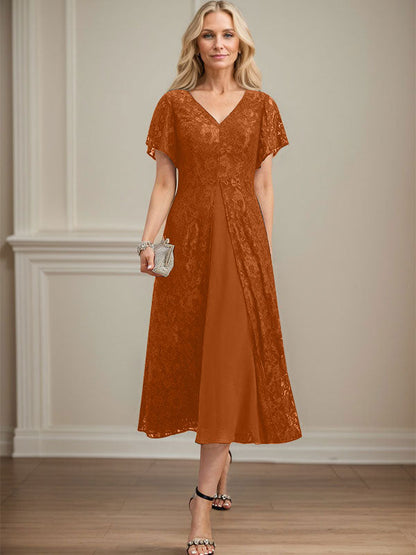 A-Linie V-Ausschnitt Wadenlanges Chiffon-Kleid für die Brautmutter 
