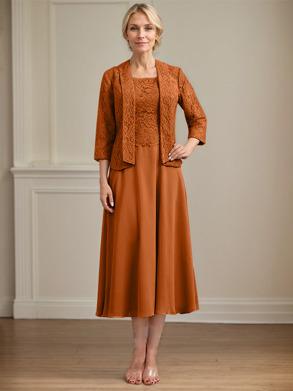 Robe de mère de la mariée en dentelle et mousseline, longueur thé, coupe en A avec encolure dégagée