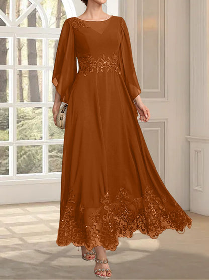 A-Linie, U-Ausschnitt, Illusion, knöchellang, Spitzen-Chiffon, Kleid für die Brautmutter mit Pailletten 