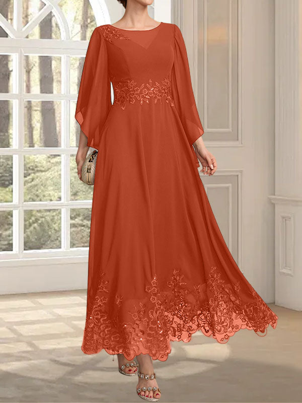 A-Linie, U-Ausschnitt, Illusion, knöchellang, Spitzen-Chiffon, Kleid für die Brautmutter mit Pailletten 