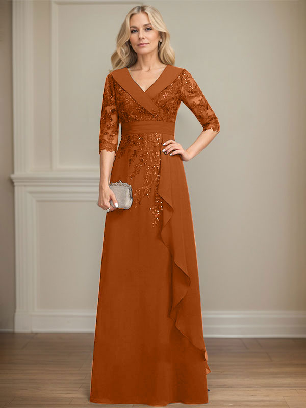 Robe de mère de la mariée en mousseline de soie à col en V, longueur au sol, ligne A, avec dentelle, paillettes et volants en cascade