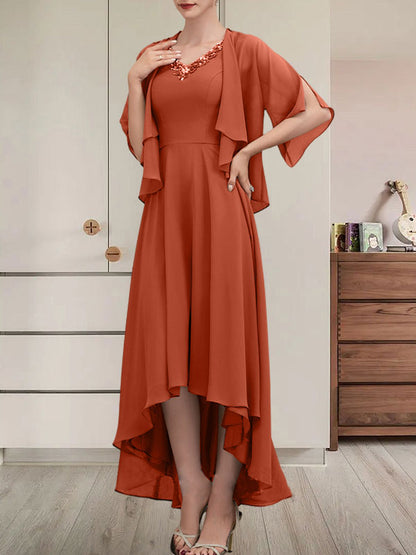 Vestido de gasa asimétrico para madre de la novia con escote en V, corte A y lentejuelas con abalorios