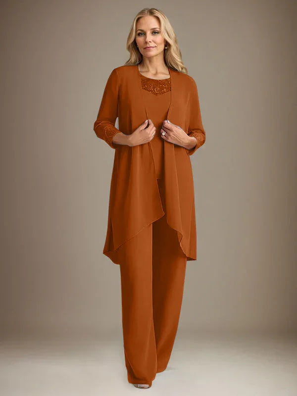 بدلة بنطلون الأم العروس بأكمام طويلة من الشيفون وياقة دائرية مع سترة