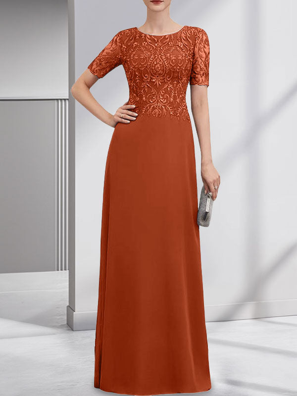 A-Linie U-Ausschnitt Bodenlang Spitzen-Chiffon-Kleid für die Brautmutter mit Pailletten