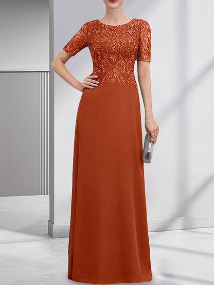 A-Linie U-Ausschnitt Bodenlang Spitzen-Chiffon-Kleid für die Brautmutter mit Pailletten