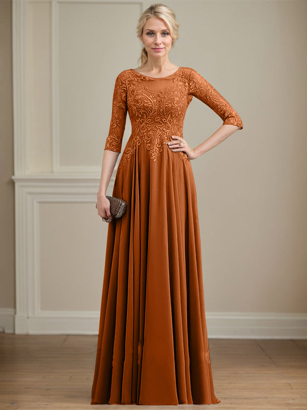 A-Linie, U-Ausschnitt, Illusion, bodenlanges Spitzen-Chiffon-Kleid für die Brautmutter mit Pailletten 