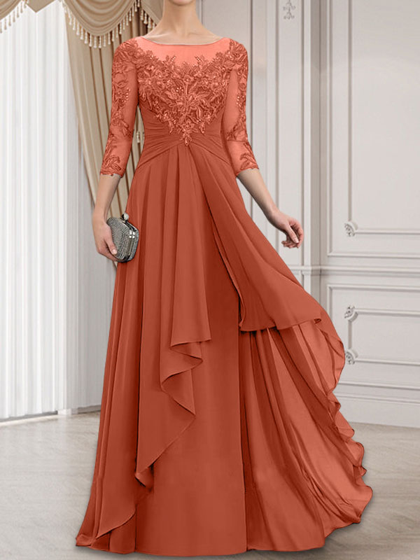 A-Linie, U-Ausschnitt, Illusion, bodenlanges Chiffon-Kleid für die Brautmutter mit kaskadierenden Rüschen