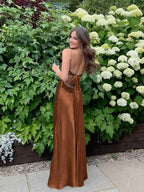 Blue A Line V Neck Beaded Back Tie Long Prom Dress