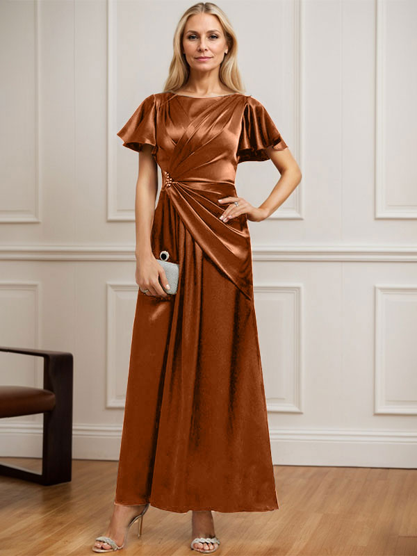 Robe de mère de la mariée en satin extensible, longueur cheville, en ligne A, décolleté arrondi, ornée de perles plissées